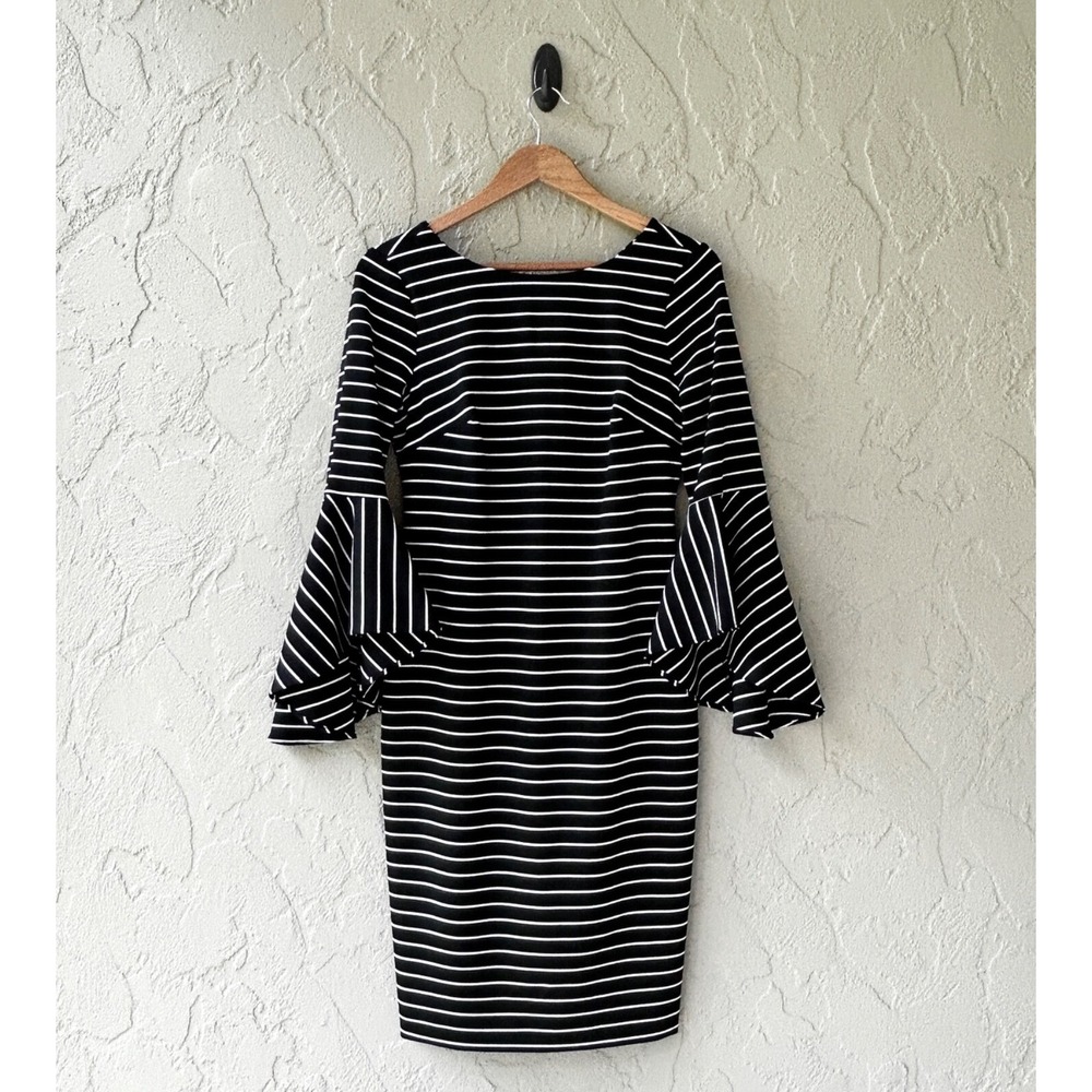 Calvin Klein Women's 6 Black White Multi Bell Flared Sleeves Sheath Dress NWOT